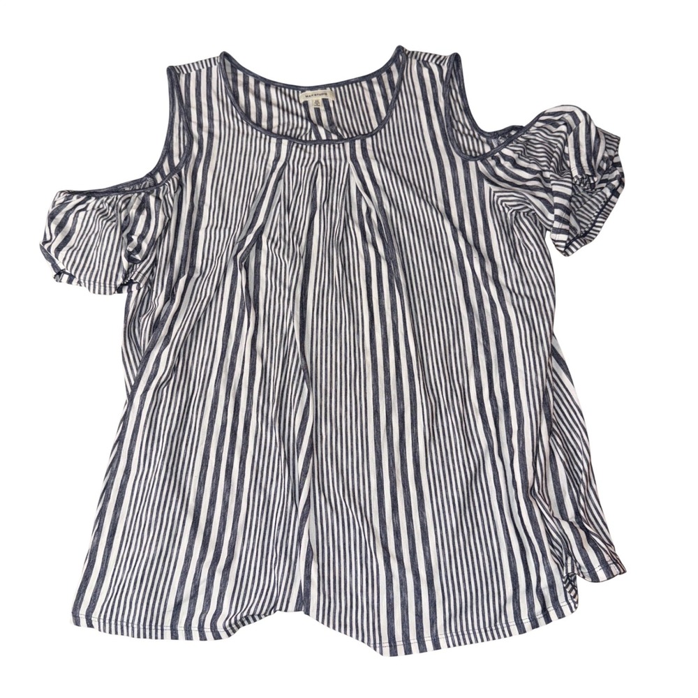 Max Studio Cold Shoulder Top 2X Navy White Striped Flutter Sleeve Blouse